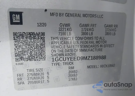 2021 Chevrolet Silverado 1500 4Wd Short Bed Rst z USA, uszkodzony, nr VIN 1GCUYEED9MZ188988